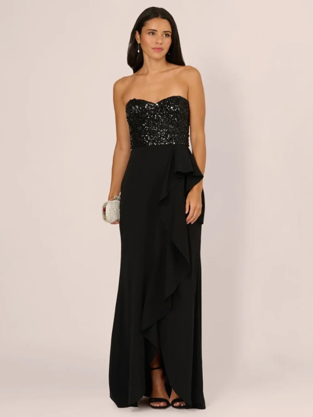 Strapless Sequin Ruffle Combo Gown In Black - Picture 1 of 6